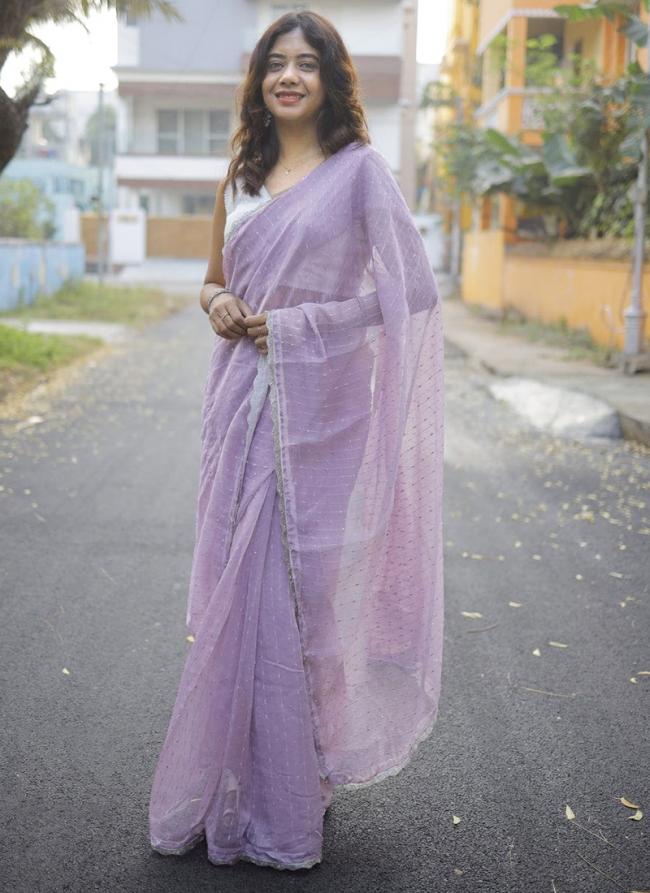 Organza Lavender Party Wear Sequins Work Saree